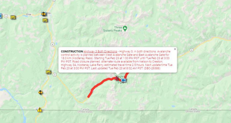 Kootenay Pass Closed 2-4 PM MST