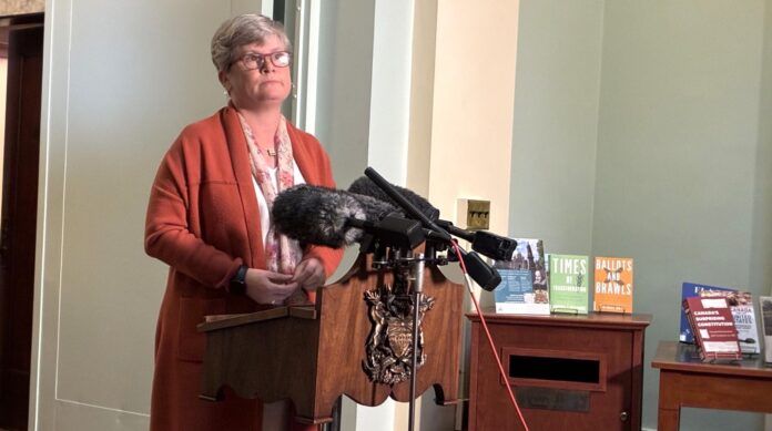 Health Minister Josie Osborne makes statement on discontinuing Brineura coverage for Charleigh Pollock, June 18, 2025. | Emily Joveski, Vista Radio photo